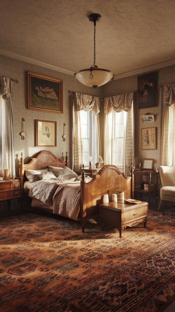 A spacious, cozy, and vintage bedroom with multiple windows framed by patterned drapes. A large, wooden bed with a decorative headboard is central, surrounded by a large, ornate red and brown patterned rug. A vintage chandelier hangs from the ceiling, and various artworks and wooden furniture pieces complete the room's opulent yet inviting atmosphere.