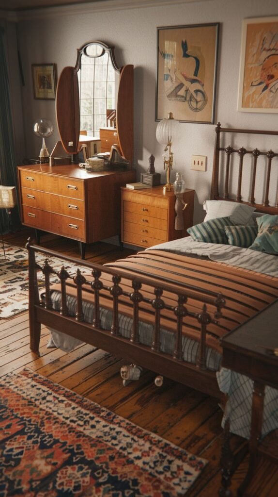 A cozy and vintage bedroom featuring a dark wooden bed with striped bedding. A prominent wooden dresser with a unique mirror and another smaller dresser with a vintage lamp are visible. A colorful, patterned rug is on the wooden floor, complementing the framed artwork on the walls and contributing to the room's eclectic and comfortable appeal.
