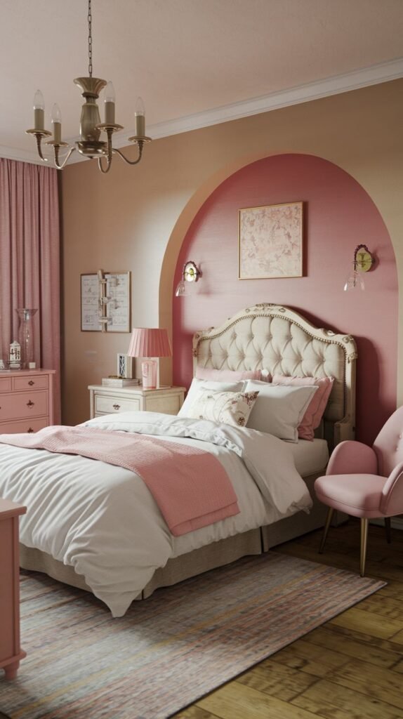 A bright, cozy, and vintage bedroom featuring a soft pink archway detail on one wall, complementing the bed with a tufted headboard and pink and white bedding. A patterned rug in soft pinks and greys covers the wooden floor. Pink furniture and a vintage-style chandelier add to the room's charming and inviting aesthetic.