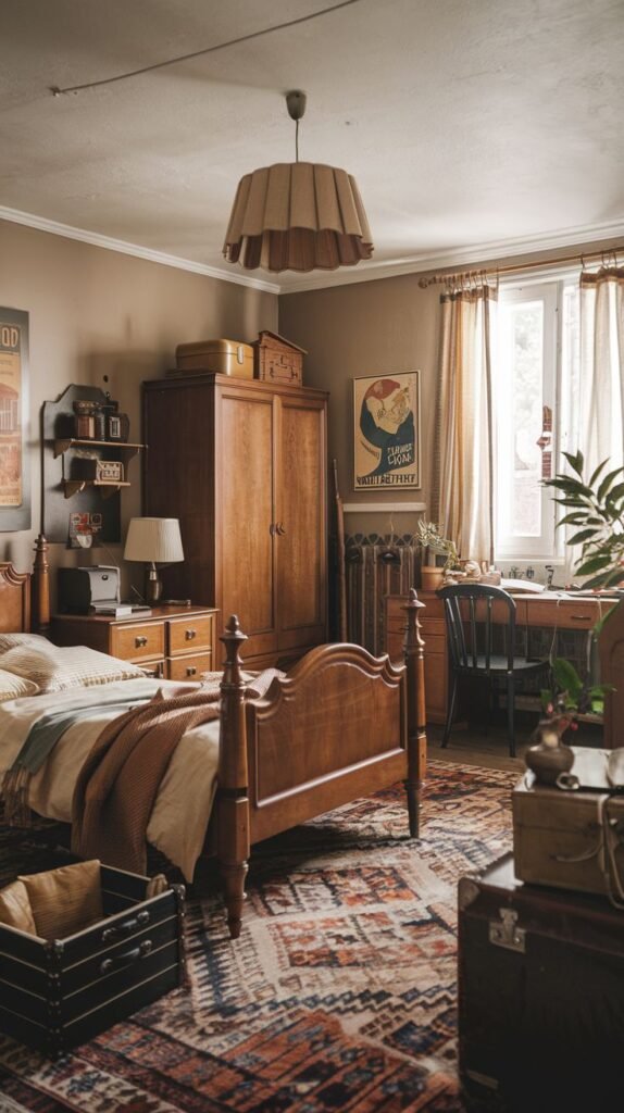 A cozy and vintage bedroom with warm brown walls and a prominent wooden bed with layered bedding. A large wooden wardrobe and a wooden desk with a chair are also present. A richly patterned rug in red and blue tones covers the wooden floor, and vintage travel trunks and framed posters contribute to the room's eclectic and well-traveled feel.