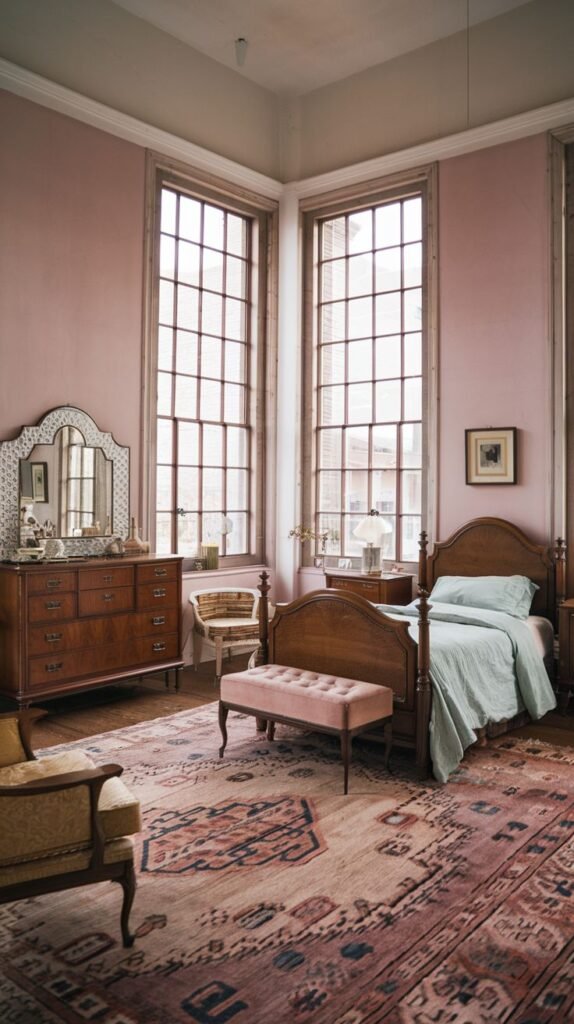 Cozy vintage bedroom with soft pink walls, tall grid-pane windows, twin wooden beds with curved headboards, a tufted blush bench, a large patterned rug, and a wooden dresser with a decorative mirror.