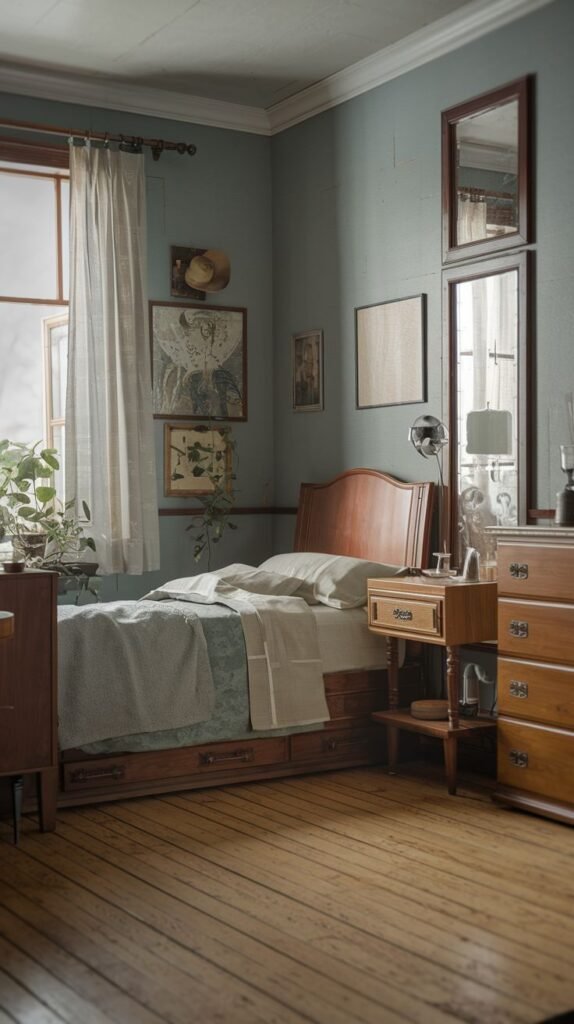 A serene, cozy, and vintage bedroom with light blue-green walls and a wooden bed with built-in storage and light bedding. Two tall mirrors are strategically placed on one wall, enhancing the sense of space. A wooden dresser and nightstand are visible, and plants near the window add a fresh touch to the room's calm and inviting ambiance.