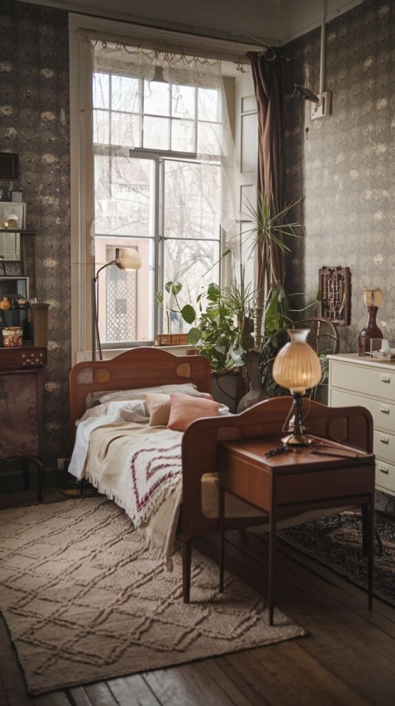 A cozy and vintage bedroom with patterned wallpaper and a large window. A single wooden bed with light bedding is central, flanked by a small desk with a vintage lamp and a white dresser. A textured, light-colored rug adds to the cozy feel, while various plants and decorative objects contribute to the room's lived-in vintage character.