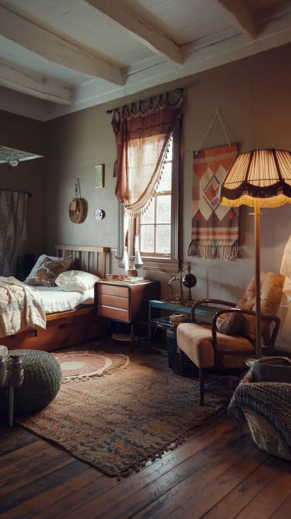 A uniquely cozy and vintage bedroom featuring exposed wooden ceiling beams and a warm color palette. A wooden bed with layered bedding is illuminated by a floor lamp with a patterned shade. A textured rug covers the wooden floor, and a comfortable armchair and various decorative tapestries create an inviting and bohemian atmosphere.