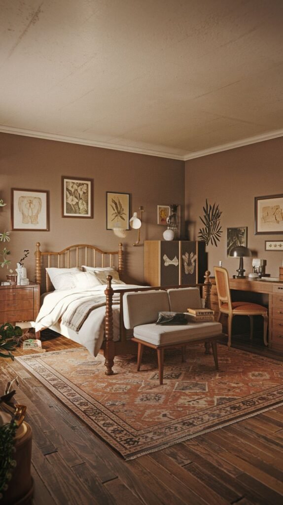 A cozy and vintage bedroom features a wooden spindle bed with white bedding, set against warm brown walls adorned with framed botanical prints. A patterned area rug in orange and brown tones covers the dark hardwood floor, and a wooden desk with a chair and a small bench are visible, contributing to the room's inviting atmosphere.