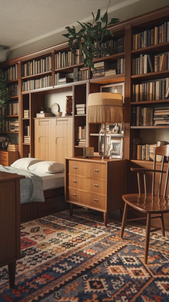 A cozy and vintage bedroom integrated within a wall of extensive wooden bookshelves filled with books. A bed with white pillows and a blue throw is nestled into the shelving unit. A patterned, colorful rug covers the wooden floor, and a wooden dresser with a vintage lamp is prominent, offering a sense of warmth and intellectual comfort.