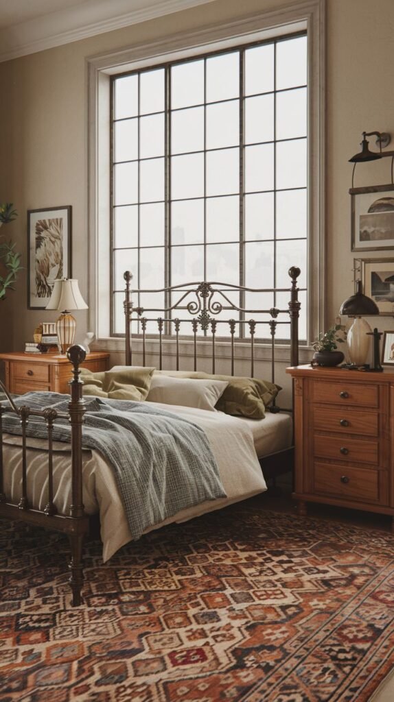 A cozy and vintage bedroom featuring a dark metal bed frame with light bedding and green accent pillows, set beneath a large, multi-paned window. A large, richly patterned rug in red and brown tones covers the wooden floor. Wooden nightstands with lamps flank the bed, adding to the room's classic and inviting aesthetic.