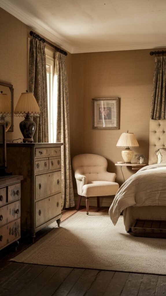 A cozy and vintage bedroom with textured, light brown wallpaper and patterned curtains. A bed with a tufted headboard and light bedding is visible, alongside a large, distressed wooden dresser and a comfortable upholstered armchair. A light-colored rug softens the wooden floor, contributing to a serene and timeless atmosphere.