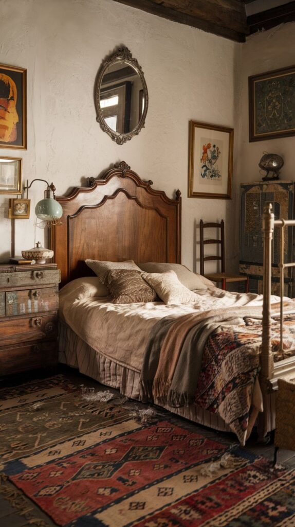 A cozy and vintage bedroom featuring a wooden bed with an ornate headboard and layered bedding in neutral tones. An antique silver-framed oval mirror hangs above the bed, surrounded by an eclectic collection of framed art. A vibrant, richly patterned rug in red, blue, and brown covers the floor, enhancing the room's bohemian and comfortable charm.