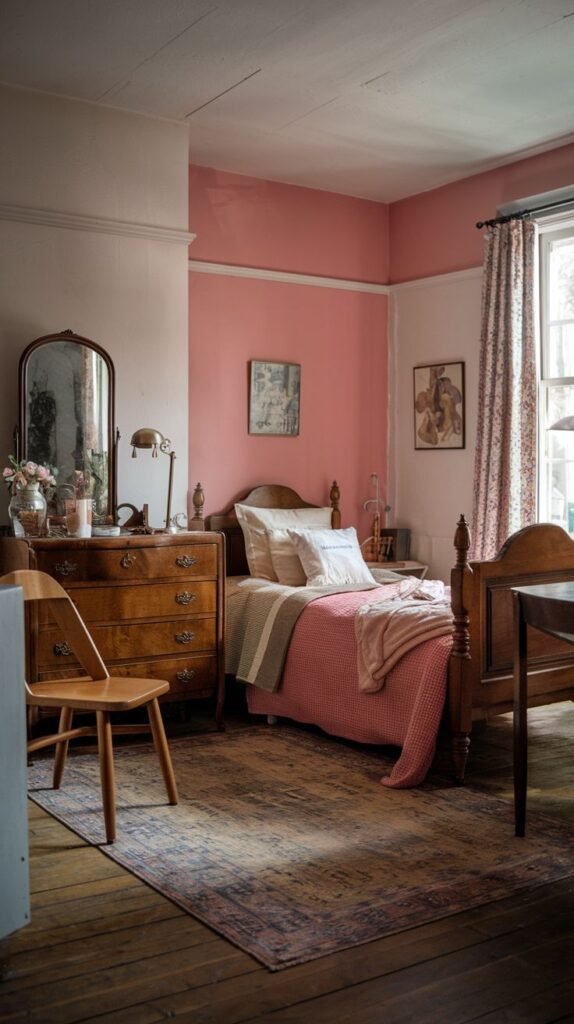 A cozy and vintage bedroom with a distinct pink wall and white trim, contrasting with light-colored walls. A wooden bed with pink and white bedding is central, next to a wooden dresser with a mirror. A patterned rug in muted colors lies on the wooden floor, while floral curtains add a soft, traditional touch to this inviting space.
