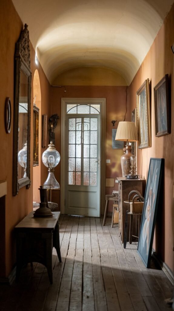 A cozy vintage hallway with a unique vaulted ceiling and rustic wooden floorboards. An ornate, tall mirror stands against one wall, reflecting the space, which also features a console table, artwork, and a frosted glass-paned door at its end.
