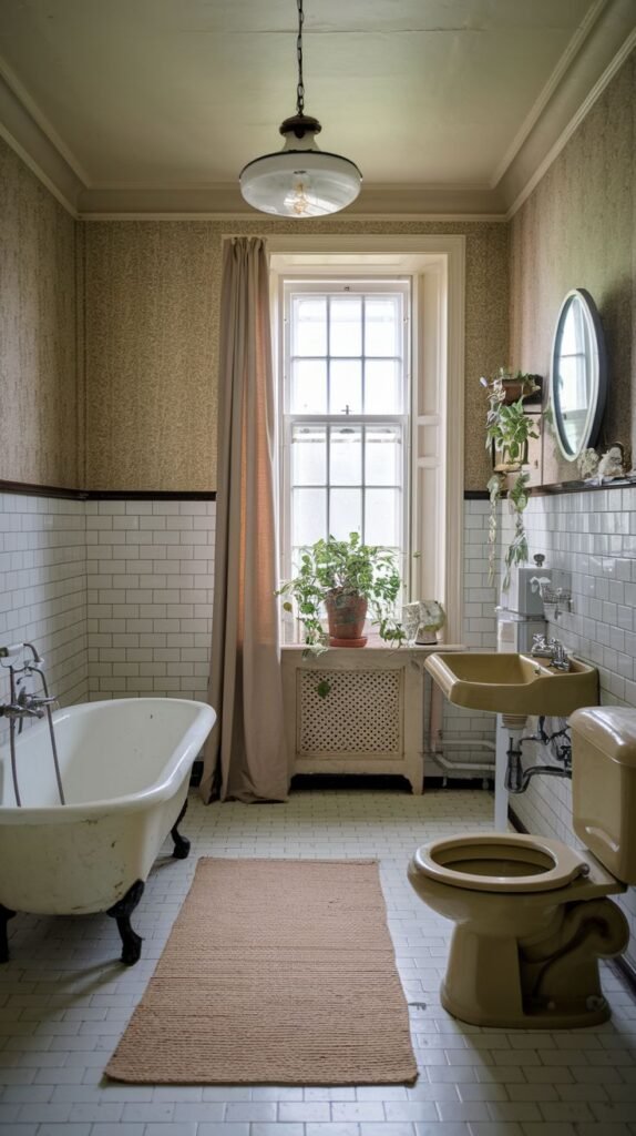 A cozy vintage bathroom with a white clawfoot tub, a distinct yellow toilet and sink, and white tiled walls and floor. A large window with a tall curtain allows plenty of light, creating a bright and airy atmosphere.