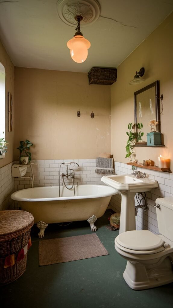 A cozy vintage bathroom showcasing a white clawfoot tub, a clean pedestal sink, and a toilet. The room has half-tiled walls, a warm wall color, and is accessorized with a large wicker basket and green potted plants, adding to its inviting feel.