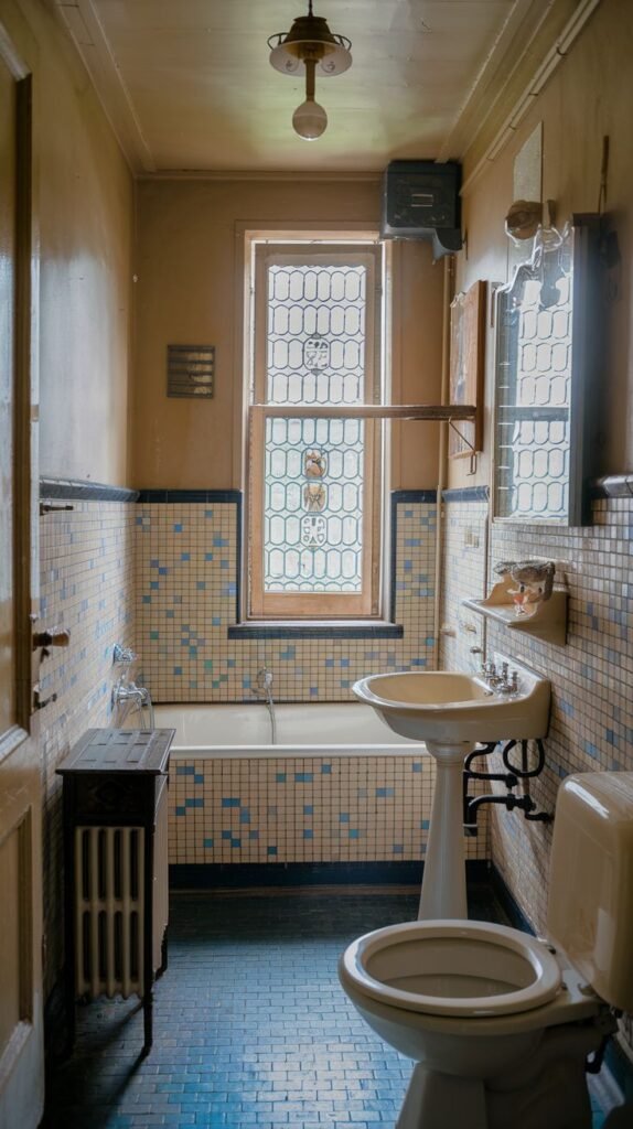 A cozy vintage bathroom distinguished by its intricate blue and white tiled walls and floor. It features a compact bathtub, a pedestal sink, and a toilet, all illuminated by a unique window with patterned glass.