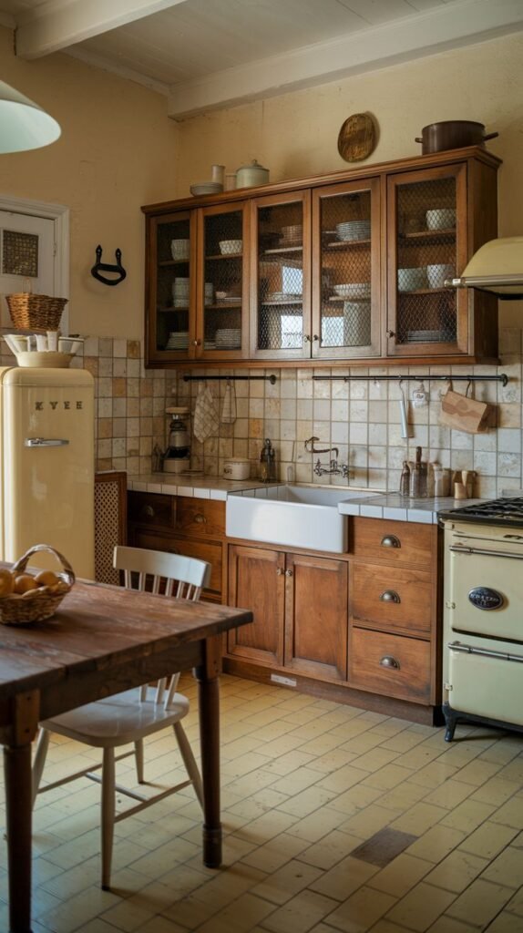 A cozy vintage kitchen with exposed wooden beam ceilings, rich wooden cabinets with glass fronts, and a classic farmhouse sink. A cream-colored retro refrigerator and a matching vintage stove complement the tiled backsplash and wooden dining table.