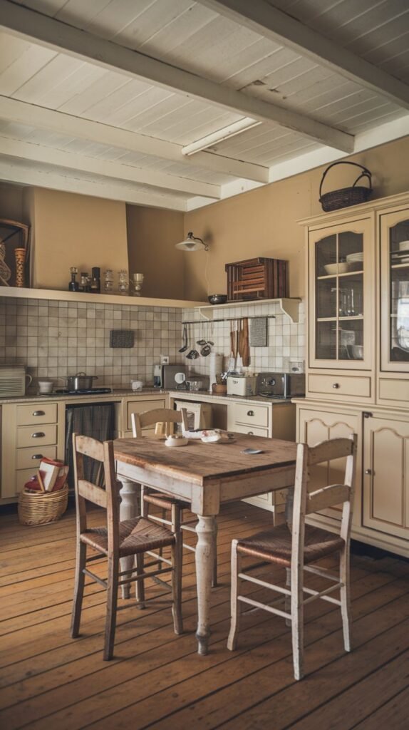 A cozy vintage kitchen featuring light-colored wooden cabinets and a sturdy wooden dining table with chairs, set on wide wooden floorboards. The room has a white exposed beam ceiling, adding to its rustic and inviting charm.