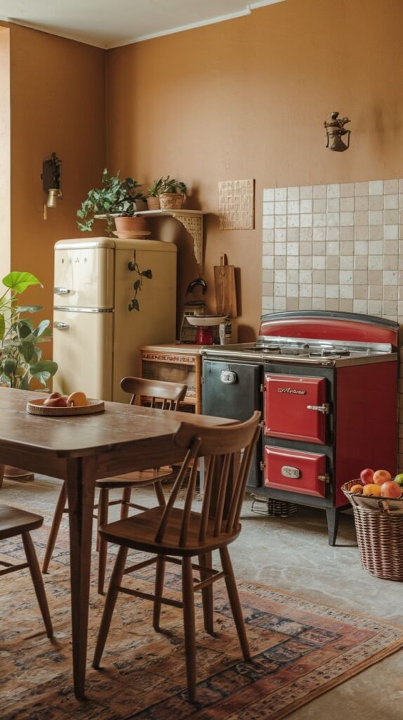 A cozy vintage kitchen and dining area with warm orange-brown walls, featuring a wooden dining table and chairs. A cream-colored retro refrigerator and a vibrant red vintage stove are prominent, while a patterned rug adds comfort to the floor.