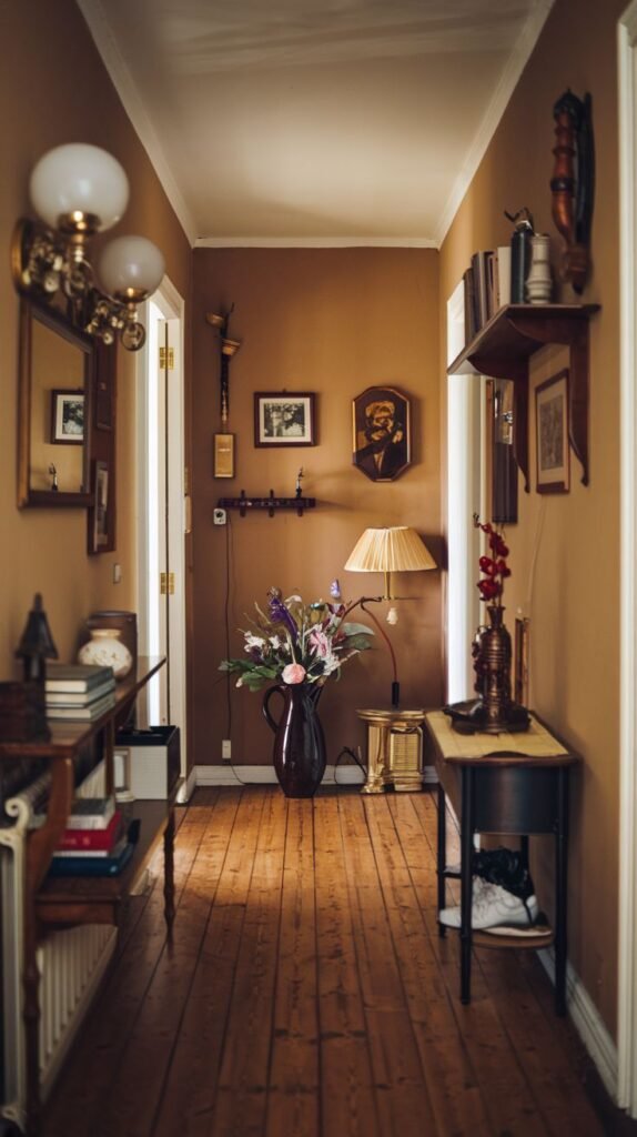 A cozy vintage hallway with warm wooden floors and walls adorned with framed pictures and decorative shelves. A large vase of fresh flowers sits on a console table, adding a homely and inviting touch to this passage.