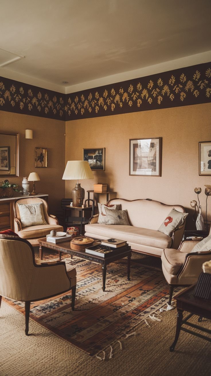 A cozy vintage living room furnished with a light-colored sofa and two matching armchairs centered around a dark wooden coffee table. The room features a distinctive decorative border at the top of the walls and is anchored by a traditional patterned rug.