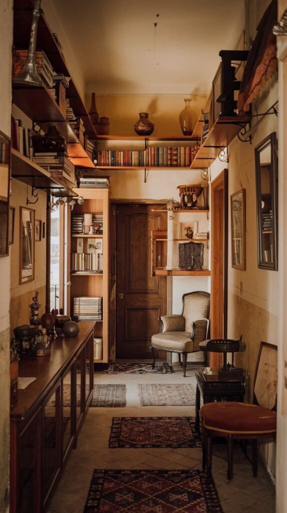 A cozy vintage hallway transformed into a library, with walls almost entirely covered by bookshelves. The wooden floors are softened by multiple patterned rugs, and a comfortable armchair invites reading in this narrow, book-filled space.