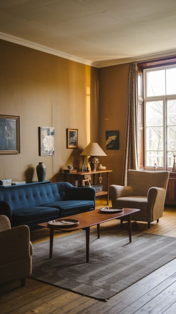 A cozy vintage living room showcasing a vibrant blue sofa, a comfortable light brown armchair, and a classic wooden coffee table. A large window with patterned curtains provides ample light, and a striped rug adds a modern touch to the traditional decor.