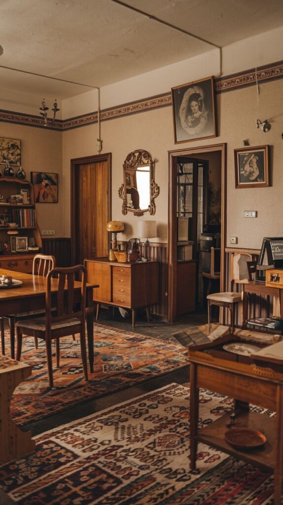 A cozy vintage multi-purpose room featuring a wooden dining table and chairs on a richly patterned rug. An ornate mirror hangs above a dark wooden cabinet, and the walls are adorned with decorative borders and various framed artworks, suggesting a historical ambiance.