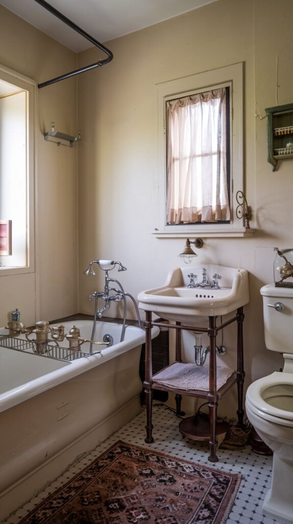 A cozy vintage bathroom equipped with a classic white clawfoot tub, a traditional pedestal sink, and a toilet. The room features a small window with a simple curtain and a patterned rug on the black and white tiled floor.