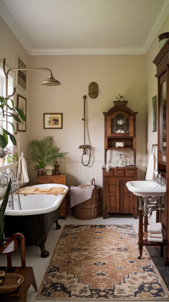 A cozy vintage bathroom featuring a dark clawfoot tub with an overhead shower, a classic sink, and warm wooden cabinetry. The room is made more inviting by a large, intricately patterned rug and various potted plants.