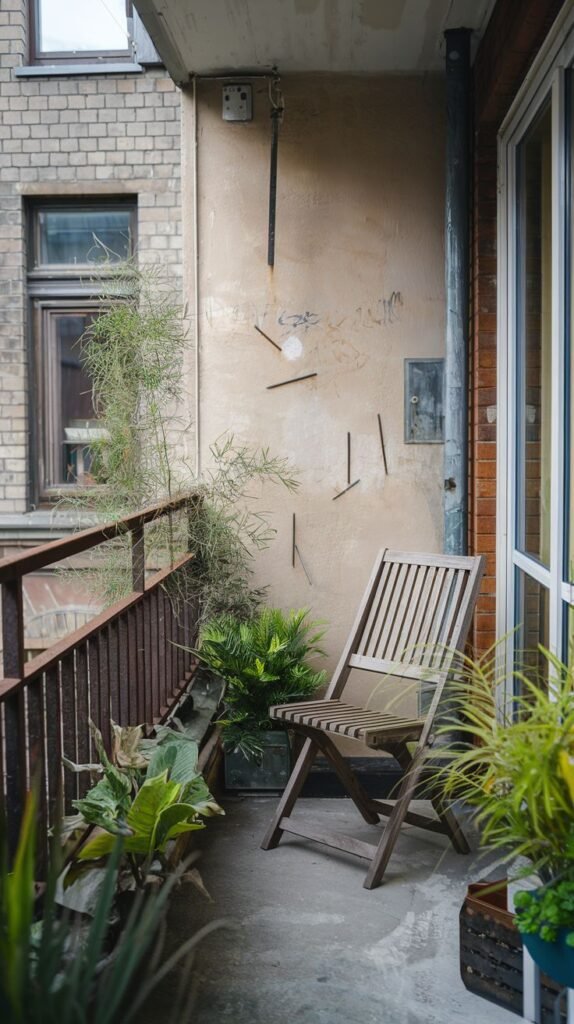 A very small balcony features a cute wooden folding chair and an assortment of potted plants next to a rustic metal railing and a textured wall.