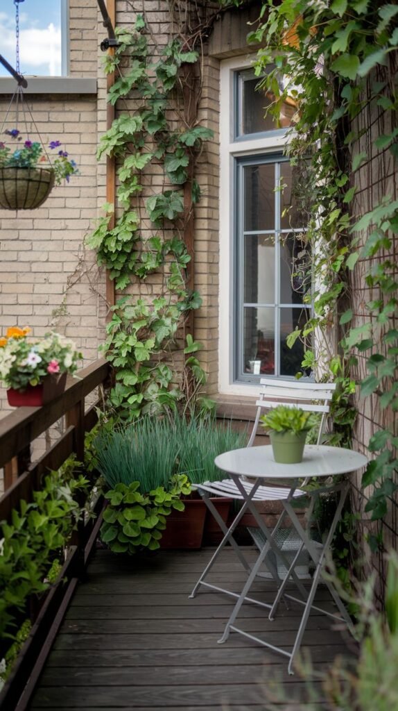 A cute, very small balcony overflowing with greenery, featuring a white folding table and chair, a hanging basket, and climbing plants on a trellis against a brick wall with a window.
