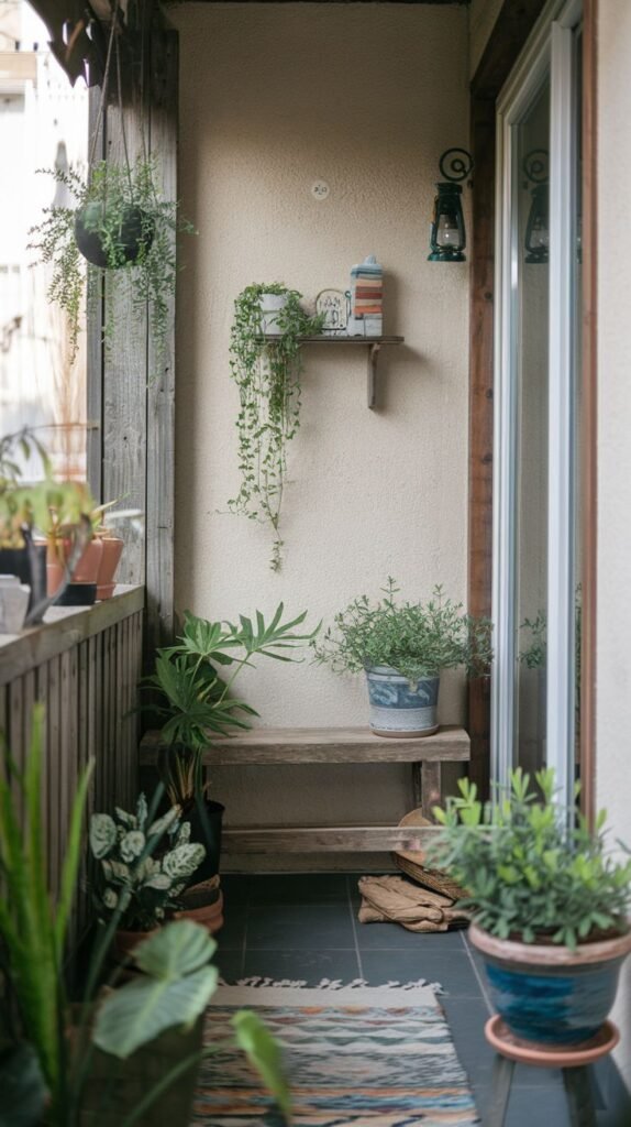 A very small and cute balcony decorated with a wooden bench, various potted and hanging plants, a small wall shelf with decorative items, and a patterned rug on the floor.