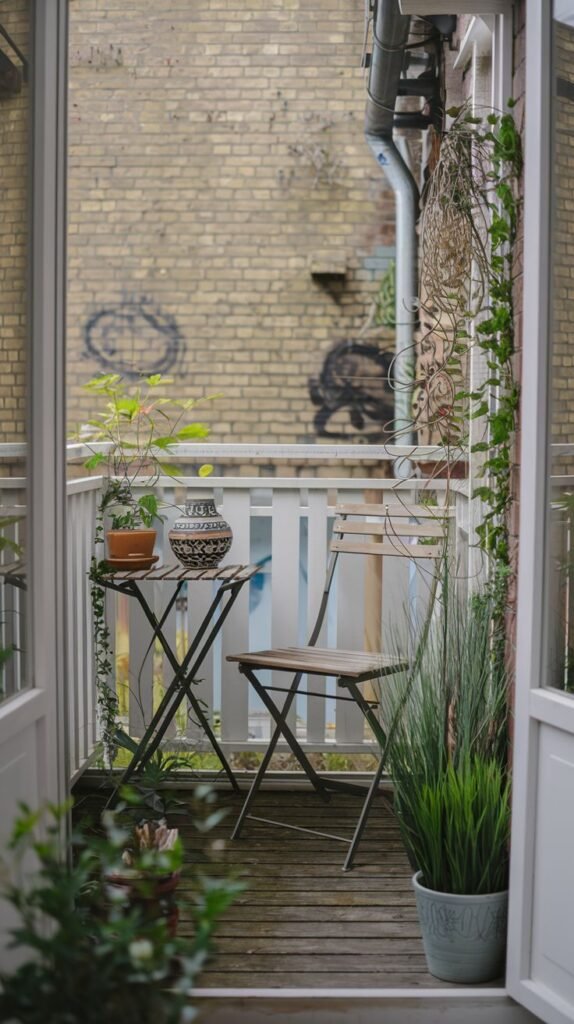 This cute, very small balcony, seen through an open doorway, features a wooden folding table and chair, a tall grassy plant in a pot, and a patterned vase, set against a white railing and brick building.