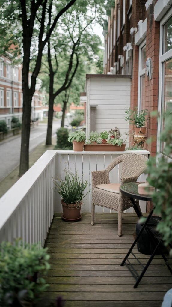 A very small and cute balcony offers a view of a tree-lined street, furnished with a woven armchair, a glass-top table, and an array of potted plants and plant boxes along a white railing.