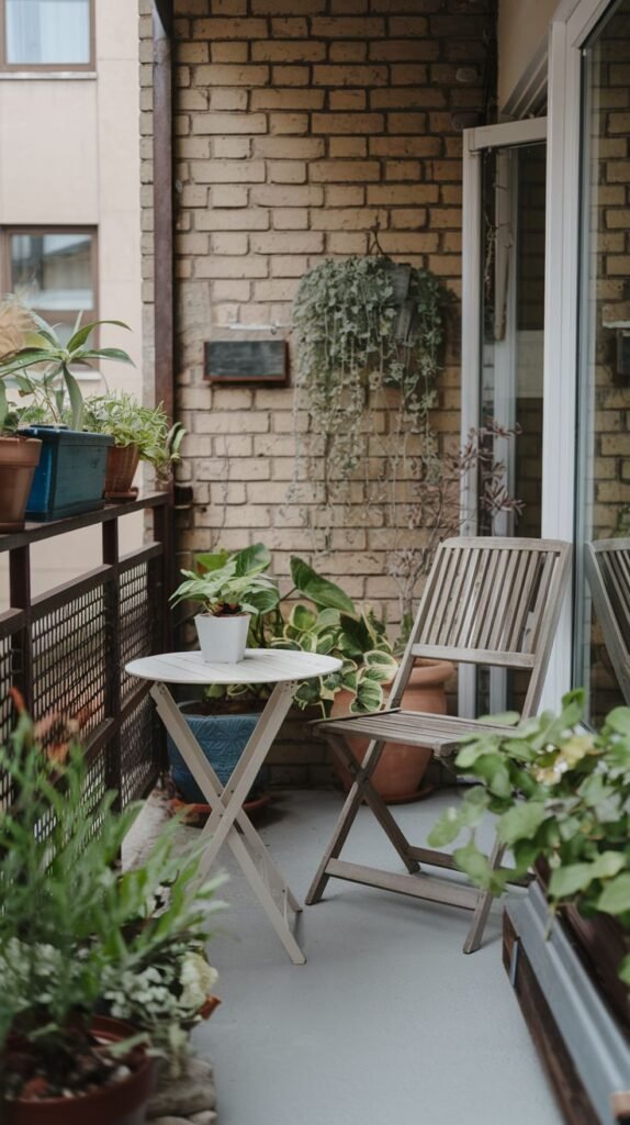 A cute, very small balcony densely populated with numerous potted plants, a wooden folding chair, and a white folding table, with a hanging plant cascading from the brick wall.