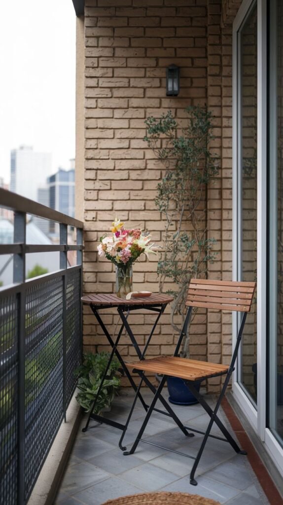 This very small and cute balcony is simply furnished with a wooden folding table displaying a vase of colorful flowers, a matching wooden chair, and a tall potted plant against a brick wall.