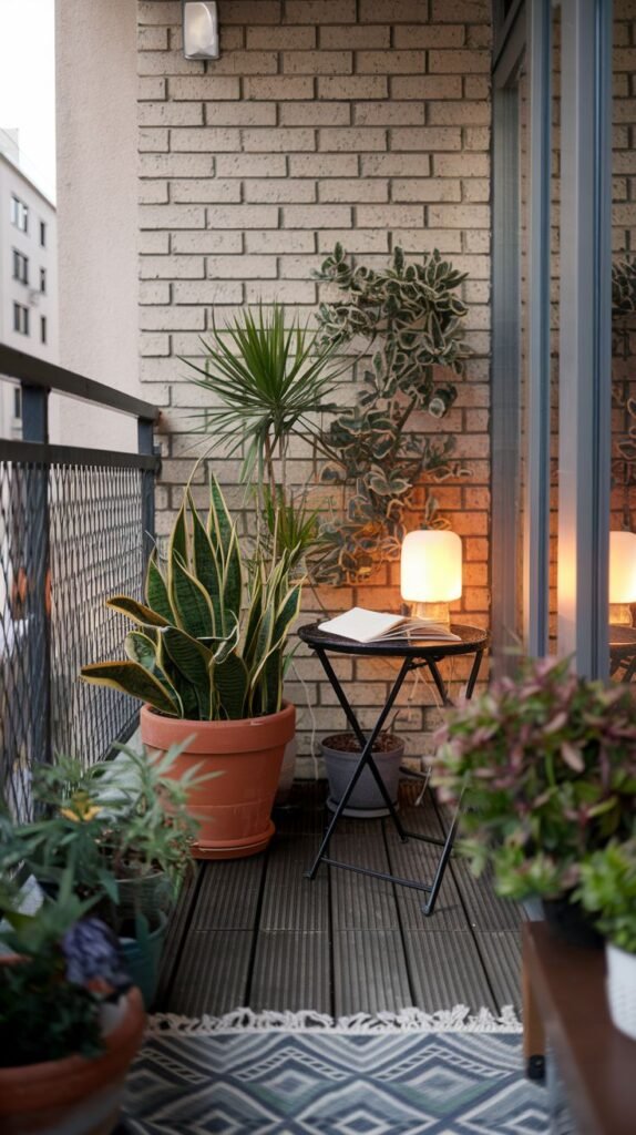 A cute, very small balcony at dusk, illuminated by a glowing lamp on a folding table with a book, surrounded by large potted plants, and featuring a patterned rug and a black metal railing.