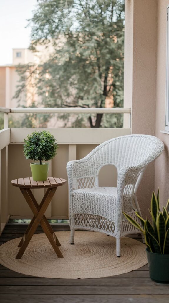 A very small and bright balcony features a cute white woven armchair, a small wooden folding table with a tiny potted plant, and a snake plant, all resting on a round jute rug overlooking trees.