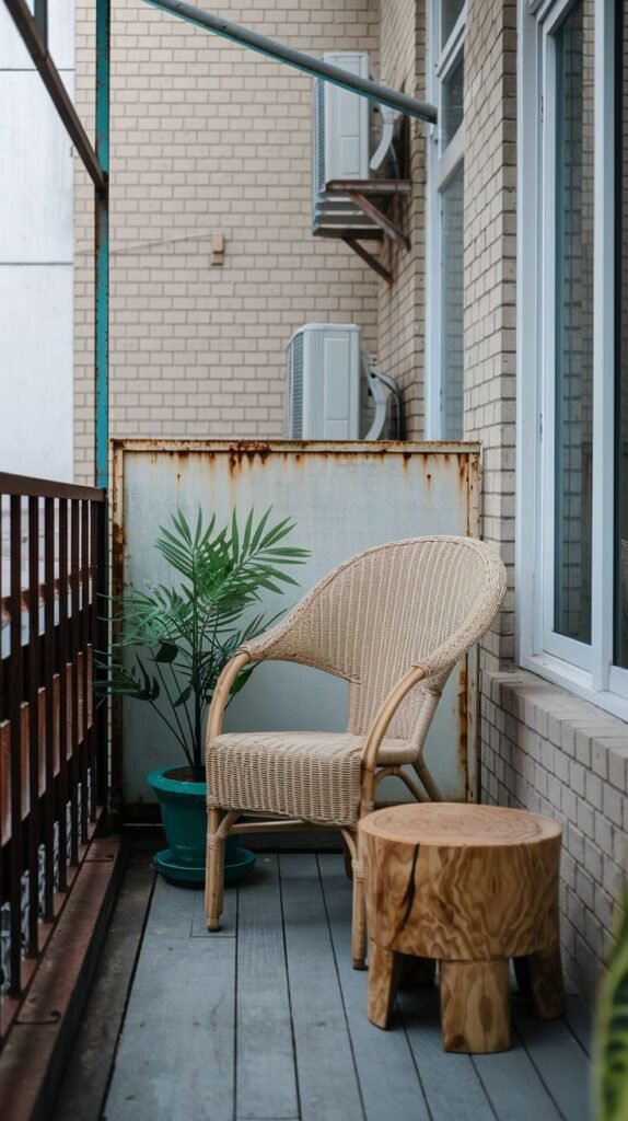 A cute, very small balcony with a woven armchair and a rustic wooden stump side table, accompanied by a potted plant, against a brick wall with industrial elements and a rusty metal railing.