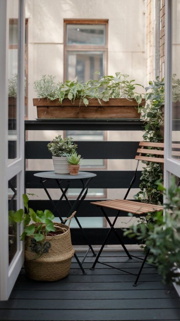 This very small and cute balcony, viewed through an open doorway, contains a wooden folding chair, a dark green folding table, a plant box on the railing, various potted plants, and a woven basket.