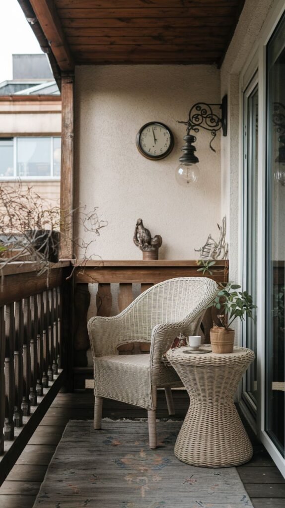 A cute, very small balcony is furnished with a woven armchair, a small woven side table holding a coffee cup and a plant. A wall clock and an antique-style lamp adorn the wall next to a wooden railing.