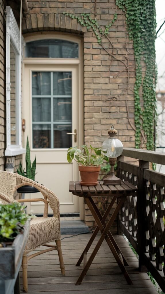 A cute, very small balcony features a woven armchair, a wooden folding table with an antique-style lamp and a potted plant, alongside a wooden railing and climbing ivy on a brick wall with a charming wooden door.