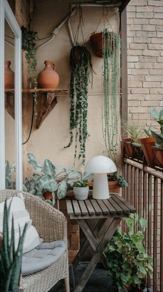 A very small and cute balcony is adorned with a woven armchair with a cushion, a small folding table, a unique white mushroom lamp, a plethora of potted and hanging plants, and pottery on wooden wall shelves.