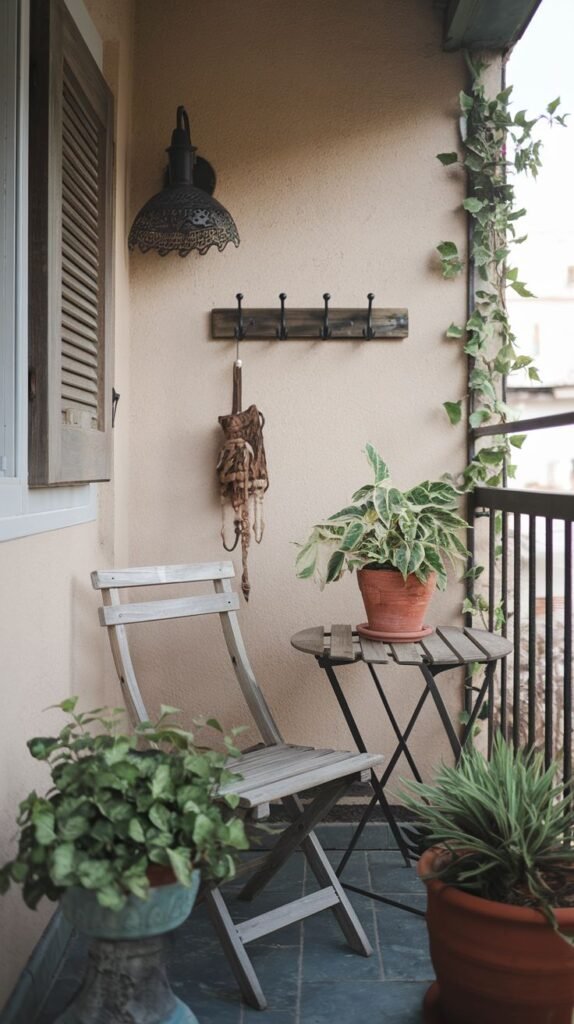 A cute, very small balcony set with a light-colored wooden folding chair and table, featuring a wall lamp, a wooden coat rack, and an array of potted plants and a metal railing.