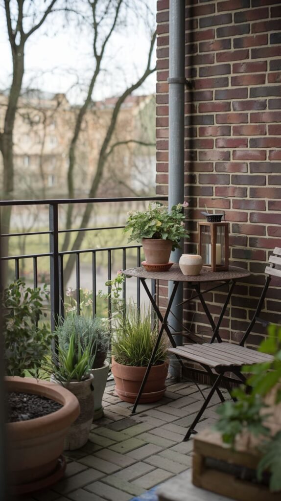 A very small and cute balcony provides a serene setting with a wooden folding chair, a metal folding table adorned with a lantern and candles, and numerous potted plants along a metal railing overlooking trees.