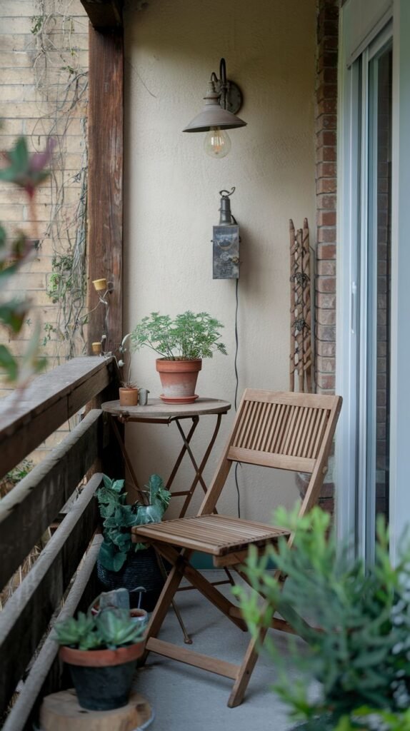 A cute, very small and rustic balcony features a wooden folding chair and table, a wall lamp, a potted plant, a wooden railing, and climbing plants on a brick wall.