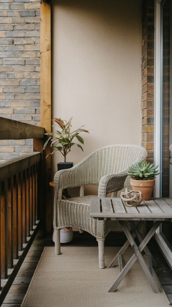 A very small and cute balcony with a woven armchair, a wooden folding table, and several potted plants, including a succulent, on a patterned rug next to a wooden railing and brick wall.