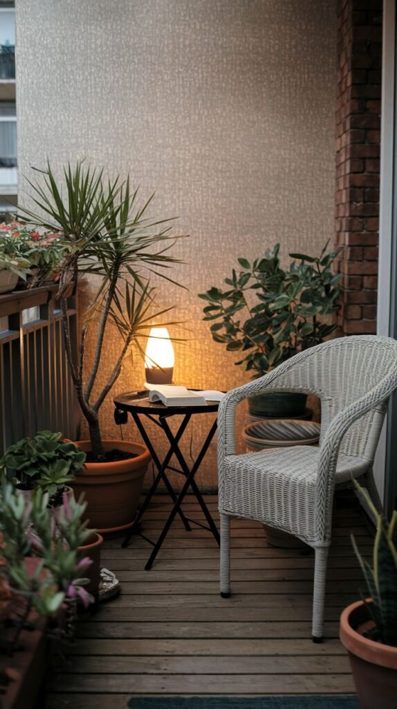 A cute, very small balcony at dusk, featuring a white woven armchair, a folding table with a glowing lamp, and an abundance of potted plants, all on a patterned rug.