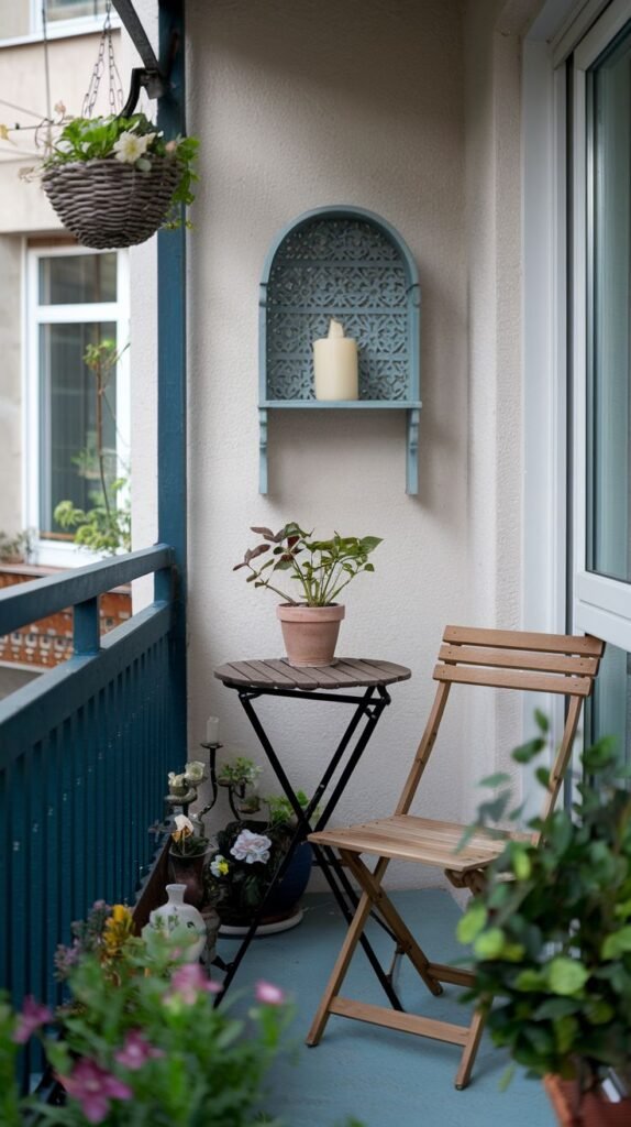 A very small and cute balcony with a wooden folding chair, a small folding table, a hanging basket, a decorative blue wall shelf with a large candle, and various potted plants, all within blue painted railings.
