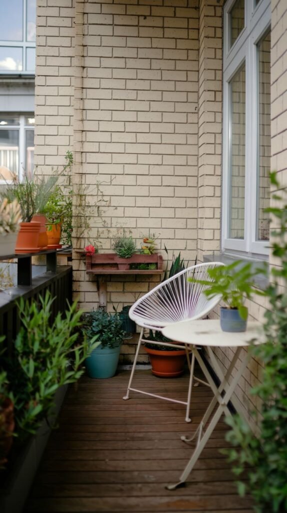 A very small and cute balcony features a white woven chair and a white folding table, surrounded by a variety of potted plants and a small wooden plant shelf, against a brick wall.