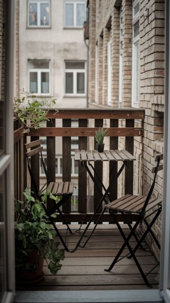 A very small and cute balcony scene with a wooden folding table and two matching chairs, surrounded by potted plants and a wooden railing, looking out onto a brick building.